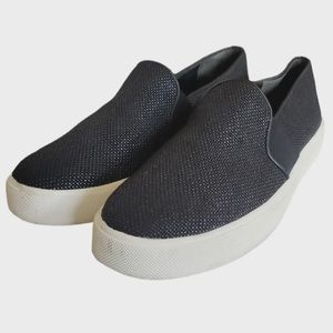 Vince Women’s Blair Sneakers Black Leather Slip-On Shoes Woven Texture